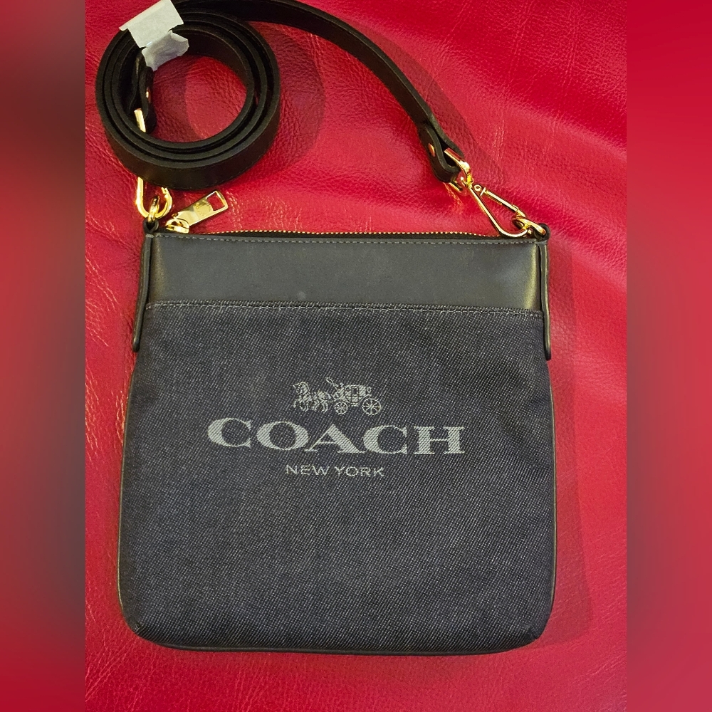 COACH Denim Jacquard  Leather Kitt Crossbody Bag Navy Blue Leather Gold Hardware